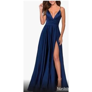 La‎ Femme - 28607 Faux Wrap Satin High Slit A-Line Navy Size 14 Formal Ball gown